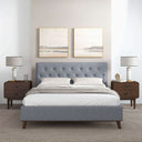Light gray upholstered bed in a bedroom setting with two nightstands and wall art.