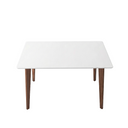 White rectangular table with wooden legs on a white background