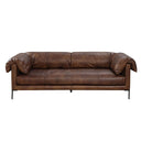Front view of a mocha brown leather sofa on a white background.