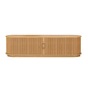 Wooden media stand with a horizontal slat design on a white background