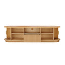 Wooden entertainment console with open shelves on a white background