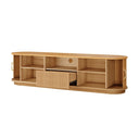 Wooden TV stand with open shelves on a white background