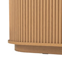 Wooden cabinet with slatted design on a white background