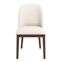 Soft beige upholstered chair with wooden legs on a white background