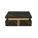 Front view of a coffee table with black marble-like surface and gold accents on a white background.