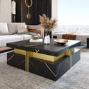 Modern living room with a black and gold coffee table