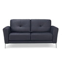 Front view of a Lena contemporary modern loveseat in dark blue leather, with two back cushions each featuring a single button tuft, slim padded arms, and high-profile polished chrome legs.