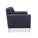 Side view of a Lena contemporary modern loveseat in dark blue leather, featuring a single button tuft, slim padded arms, and high-profile polished chrome legs.