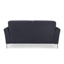 Rear view of a Lena contemporary modern loveseat in dark blue leather and high-profile polished chrome legs.