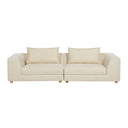 Front view of a Lermon contemporary sofa, appearing as two modular sections, in a light beige textured fabric with wide arms, two loose back cushions, and short, light wood cylindrical legs.