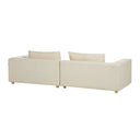 Three-quarters rear view of a Lermon contemporary sofa, appearing as two modular sections, in a light beige textured fabric with wide arms, two loose back cushions, and short, light wood cylindrical legs.