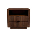 Wooden nightstand with two drawers on a white background