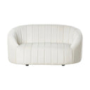 Front view of a Malung contemporary loveseat in a cream or off-white velvet, with a rounded silhouette, vertical channel stitching across the integrated back and arms, and low-profile black feet.