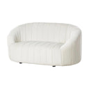 Three-quarters view of a Malung contemporary loveseat in a cream or off-white velvet, with a rounded silhouette, vertical channel stitching across the integrated back and arms, and low-profile black feet.