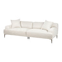 three-quarters view of a light beige sofa with two cushions on a white background