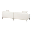 three-quarters rear view of a light beige sofa with two cushions on a white background