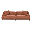 Front view of a contemporary, low-profile, golden-brown fabric sofa with two throw pillows and tapered metal legs on a white background.