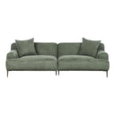 Front view of a contemporary, low-profile, green fabric sofa with two throw pillows and tapered metal legs on a white background.