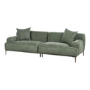 three-quarters view of a green sofa with two cushions on a white background