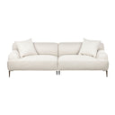 Front view of a contemporary, low-profile, light-beige fabric sofa with two throw pillows and tapered metal legs on a white background.