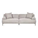 Front view of a contemporary, low-profile, light-grey fabric sofa with two throw pillows and tapered metal legs on a white background.