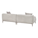 three-quarters rear view of a light beige sofa with two cushions on a white background