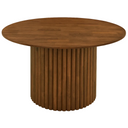 Wooden round table with ribbed cylindrical base on a white background