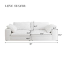 White love seater with dimensions labeled on a white background.