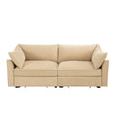 Front view of a beige sofa with cushions on a white background.