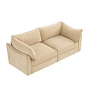 Three-quarters top view of a beige sofa on a white background.
