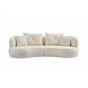 Front view of an off-white sofa with cushions on a white background.