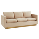 Three-quarters view of a beige sofa with wooden legs on a white background.