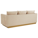 Three-quarters rear view of a beige sofa with wooden legs on a white background.