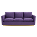 Front view of a purple sofa with a golden stainless steel base on a white background.