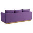 Three-quarters rear view of a purple sofa with wooden legs on a white background.