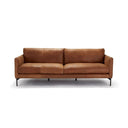 Front view of a brown leather sofa on a white background.