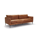Three-quarters view of a brown leather sofa on a white background.