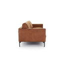 Side view of a brown leather sofa on a white background.