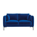 Front view of a Roman contemporary loveseat in a deep royal blue velvet, featuring two back cushions, two seat cushions, two matching throw pillows, and minimalist black metal legs.