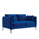 Three-quarters view of a Roman contemporary loveseat in a deep royal blue velvet, featuring two back cushions, two seat cushions, two matching throw pillows, and minimalist black metal legs.