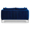 Rear view of a Roman contemporary loveseat in a deep royal blue velvet and minimalist black metal legs.
