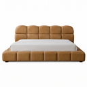 Tan leather bed with white mattress on a white background