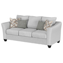 Three-quarters view of a gray sofa with decorative pillows on a white background.