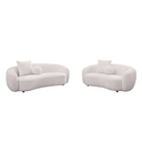 Beige sofa and loveseat set on a white background.