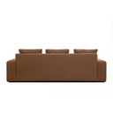 Rear view of a rust sofa with three cushions on a white background.