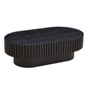 Three-quarters view of a black textured oval table on a white background.