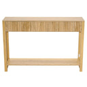 Front view of a wooden console table with a 3x drawers and a bottom shelf on a white background.