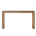 Wooden console table with black top on a white background