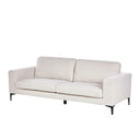 Three-quarters view of a light Beige 3-seater sofa with black metal legs in a white background.