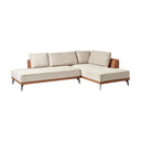 Beige sectional sofa with brown leather frame cover with a black metal legs on a white background